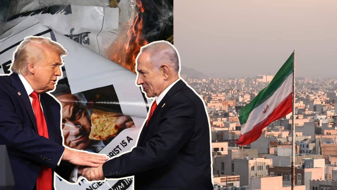 A composite image divided into two main sections. On the left, a cutout of Donald Trump and Benjamin Netanyahu shaking hands is layered over a background showing a poster of Netanyahu being burned. In the burning poster, text is partially visible, including the word “TERRORIST.“ On the right, a large Iranian flag flies prominently on a flagpole overlooking a dense, hazy urban cityscape with light-colored buildings stretching toward distant mountains. The two sides of the image are stylistically distinct, contrasting the political alliance of the leaders with the regional opposition and the landscape of Iran.