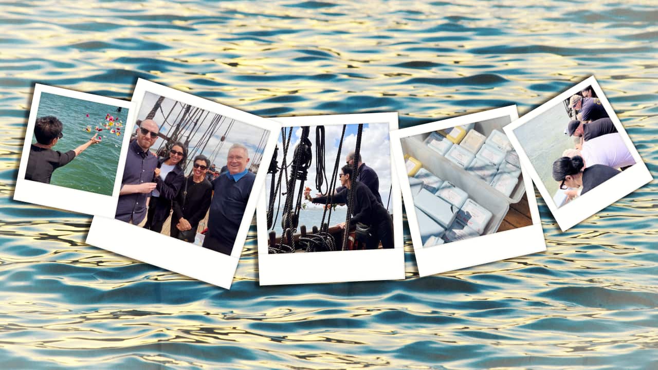 A graphic collage featuring images of people scattering ashes arranged in a semi-circular pattern with a water backdrop.