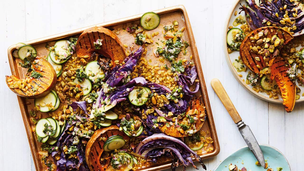 Chargrilled cabbage pumpkin freekeh