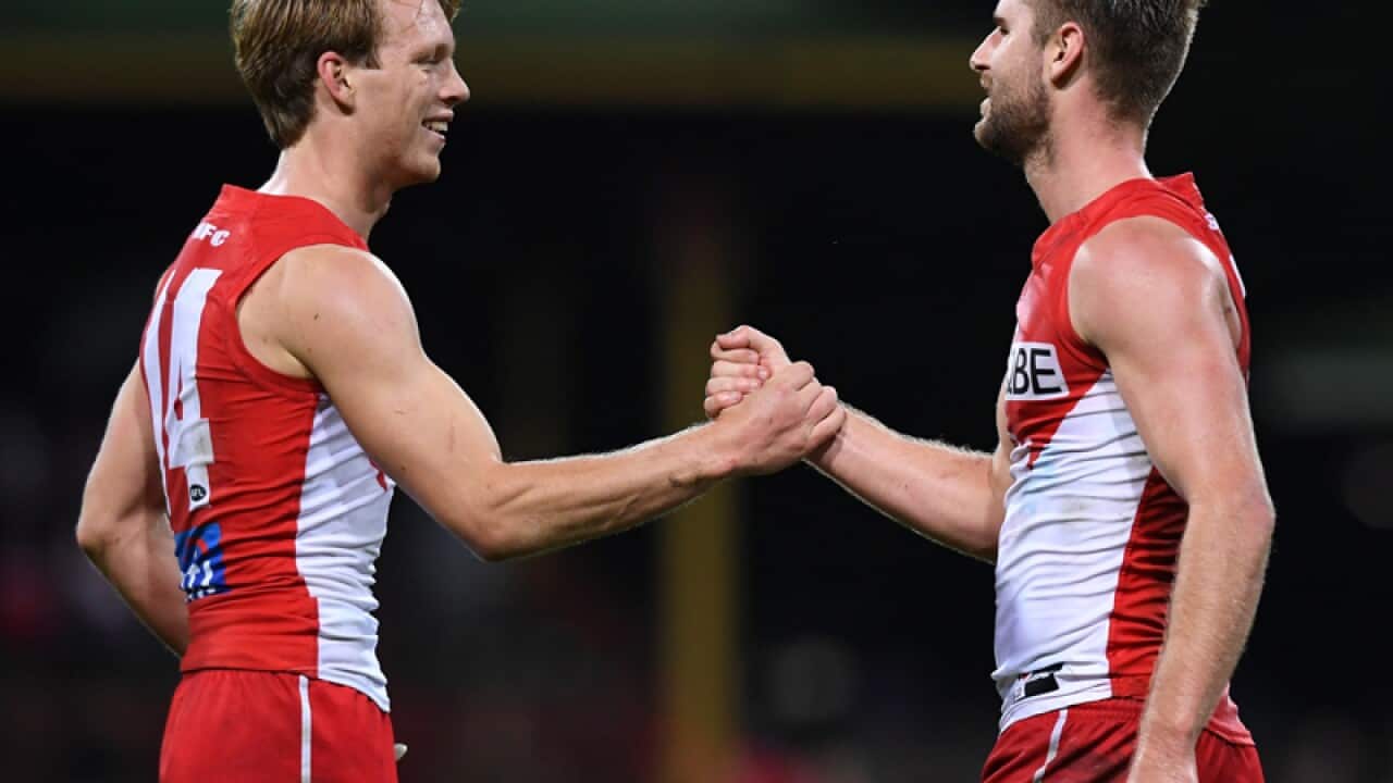 Callum Mills (left) and Harry Marsh of the Swans celebrate