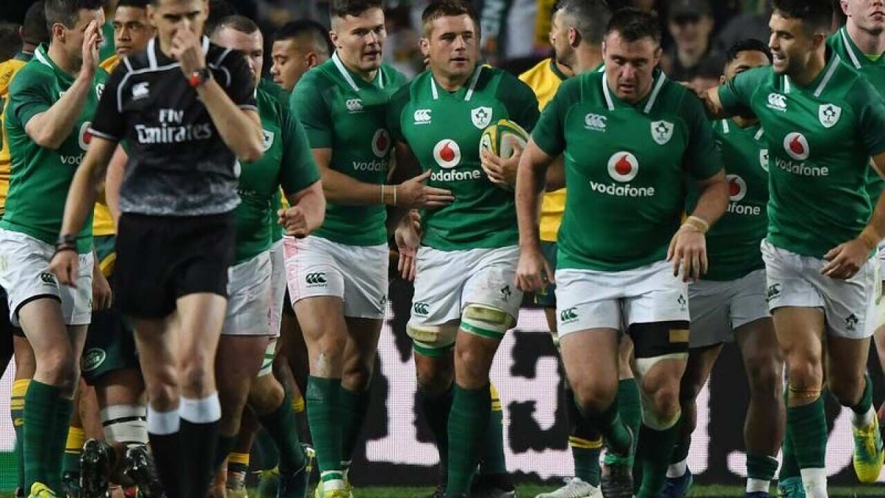 Ireland's CJ Stander (centre) celebrates with his teammates.