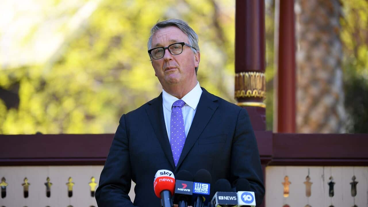 Victorian Health Minister Martin Foley address the media during a press conference in Melbourne, Wednesday, October 6, 2021. Victoria has reported 1420 new locally acquired cases of COVID-19 and 11 deaths. (AAP Image/James Ross) NO ARCHIVING