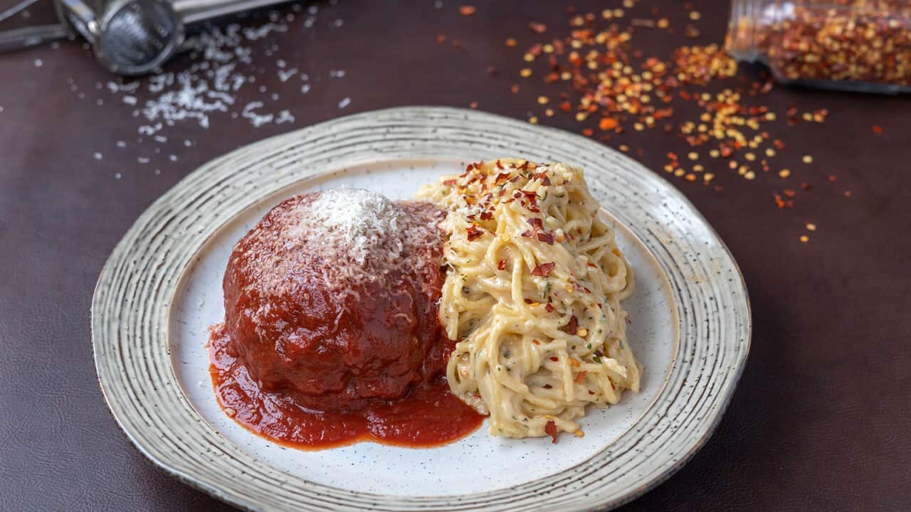 On a roundish plate with an edge decorated with a series of concentric circles, a single giant meatball dovered in reddish sauce sits beside a pile of creamy thick pasta.