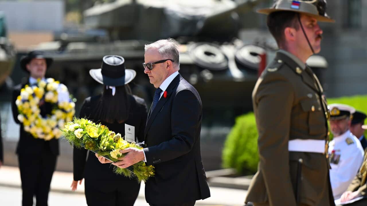 Australian Prime Minister Anthony Albanese lays a wreath during the Remembrance Day National Ceremony at the Australian War Memorial in Canberra.
