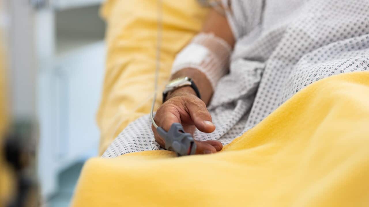 Close-up of a male patient's hand in a hospital bed with oximeter