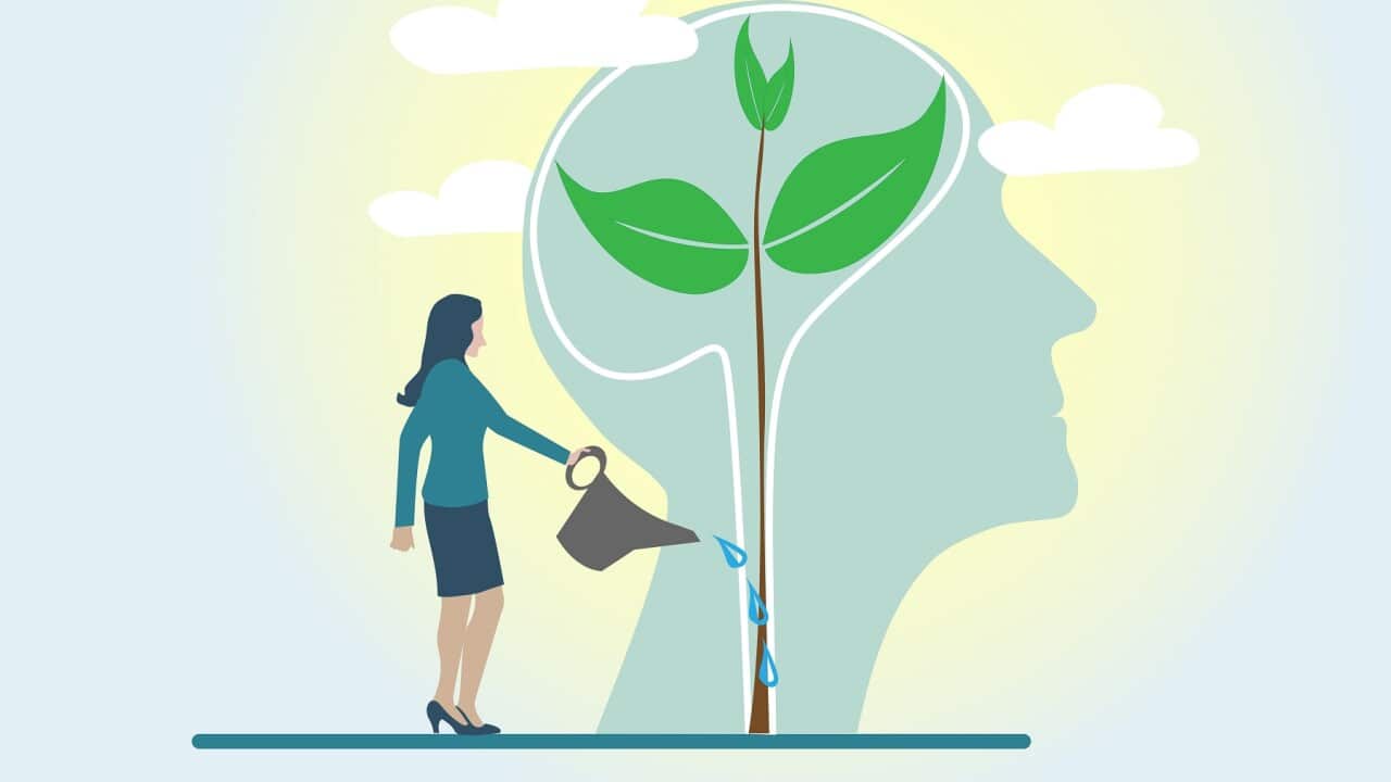 Mindset Concept.Watering plants with big brain growth mindset concept.