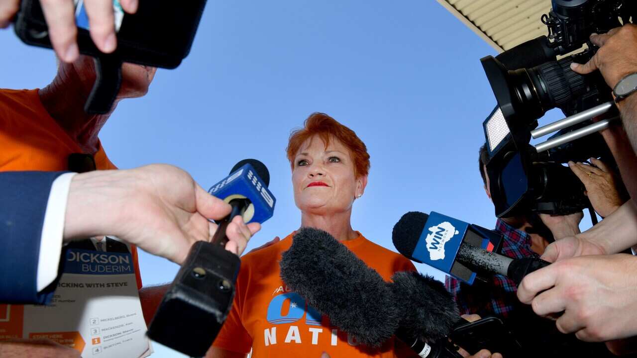 One Nation leader Senator Pauline Hanson at a polling station in Buderim, Sunshine Coast.
