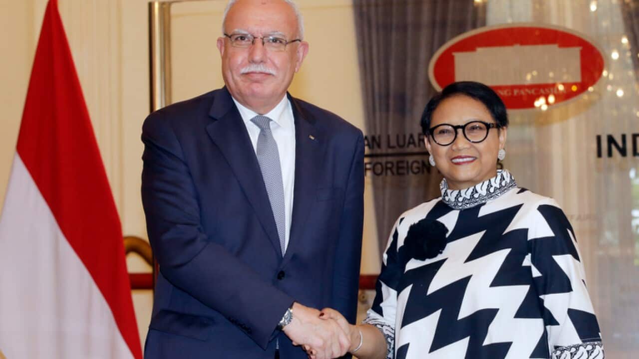 Palestinian foreign minister Riyad al-Maliki, left, and Indonesian counterpart Retno Marsudi