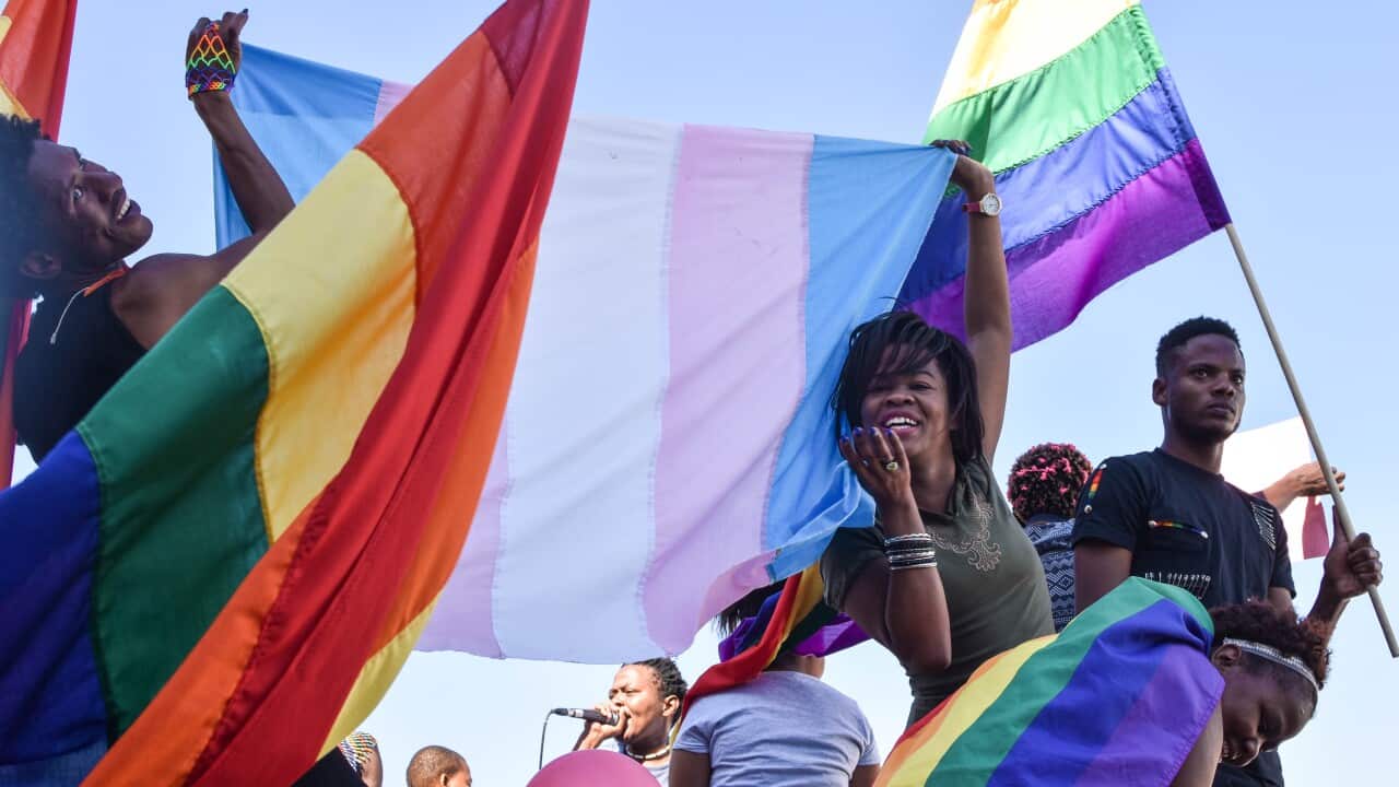 People cheer and dance as they take part in a community pride parade.