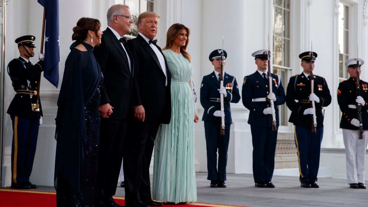 President and Mrs Trump welcome Scott and Jenny Morrison for a State Dinner at the White House