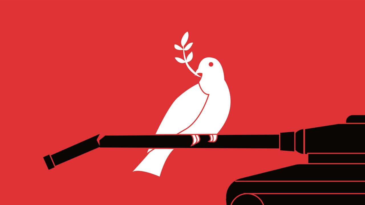 Anti war poster, a Peace Dove standing on top of a dilapidated tank