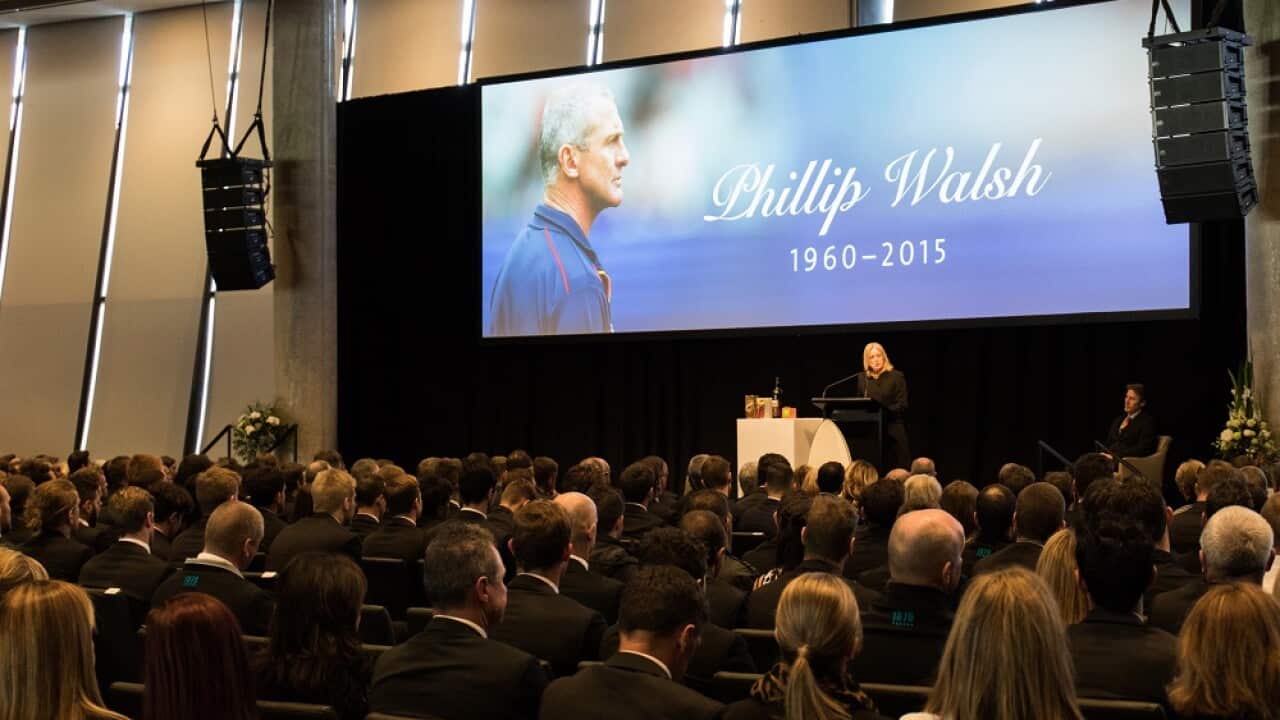 Supplied image of the memorial service celebrating the life of Adelaide Crows coach Phil Walsh in Adelaide on Wednesday, July 15, 2015. (AAP Image/Adelaide Crows) NO ARCHIVING, EDITORIAL USE ONLY