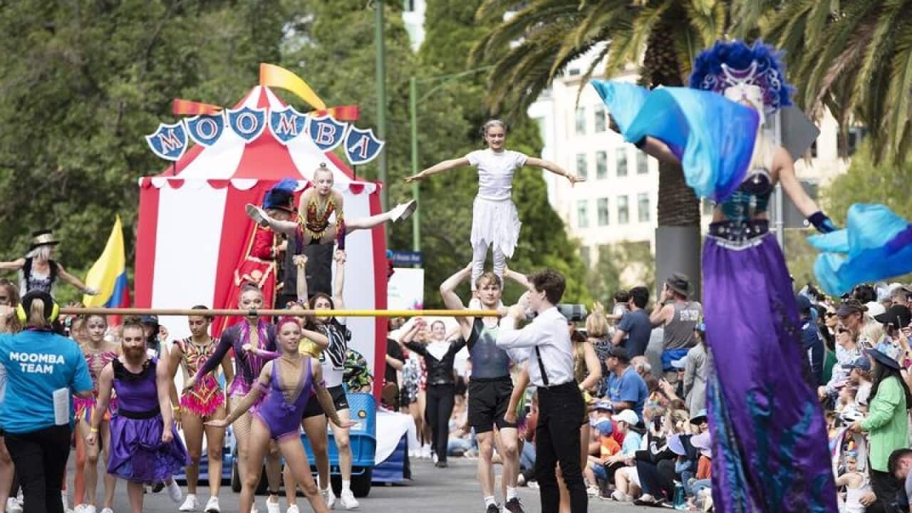 Participants are seen taking part in the Moomba parade.
