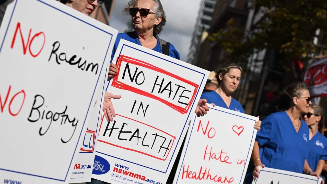 Nurses and medical professionals rally against hate speech in Sydney (AAP)