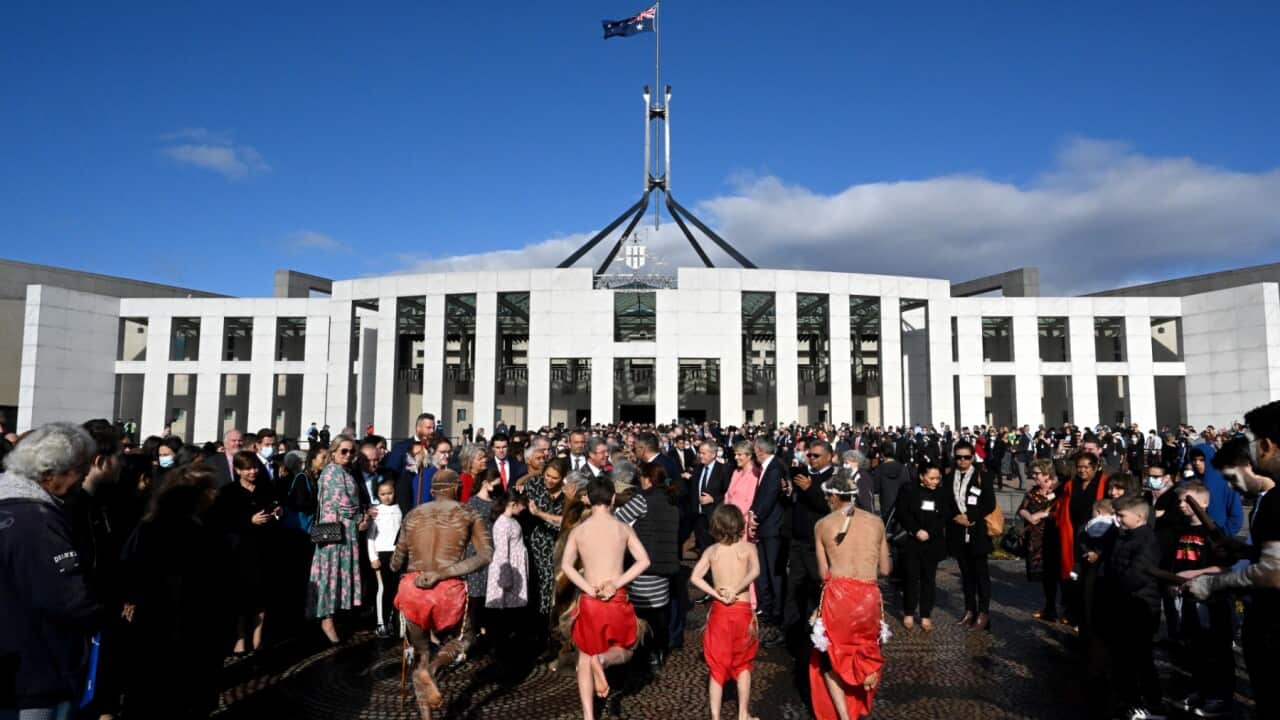 A smoking ceremony is held in the forecourt during the opening of the 47th Federal Parliament at Parliament House in Canberra, Tuesday, July 26, 2022.