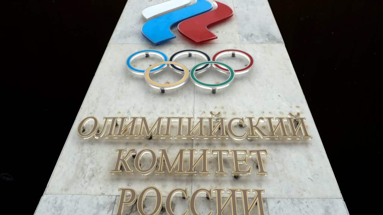 The logo of the Russian Olympic Committee at the entrance of the head office in Moscow, Russia.