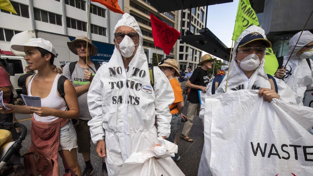 Activists from Extinction Rebellion participate in a protest in Brisbane, Tuesday, October 8, 2019