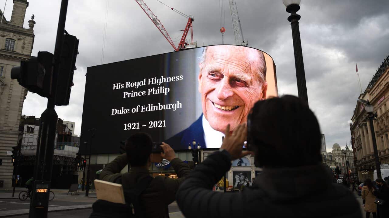 A giant picture of Britain's Prince Philip, Duke of Edinburgh is on display in Piccadilly Circus following his passing, in London, Britain, 9 April 2021.