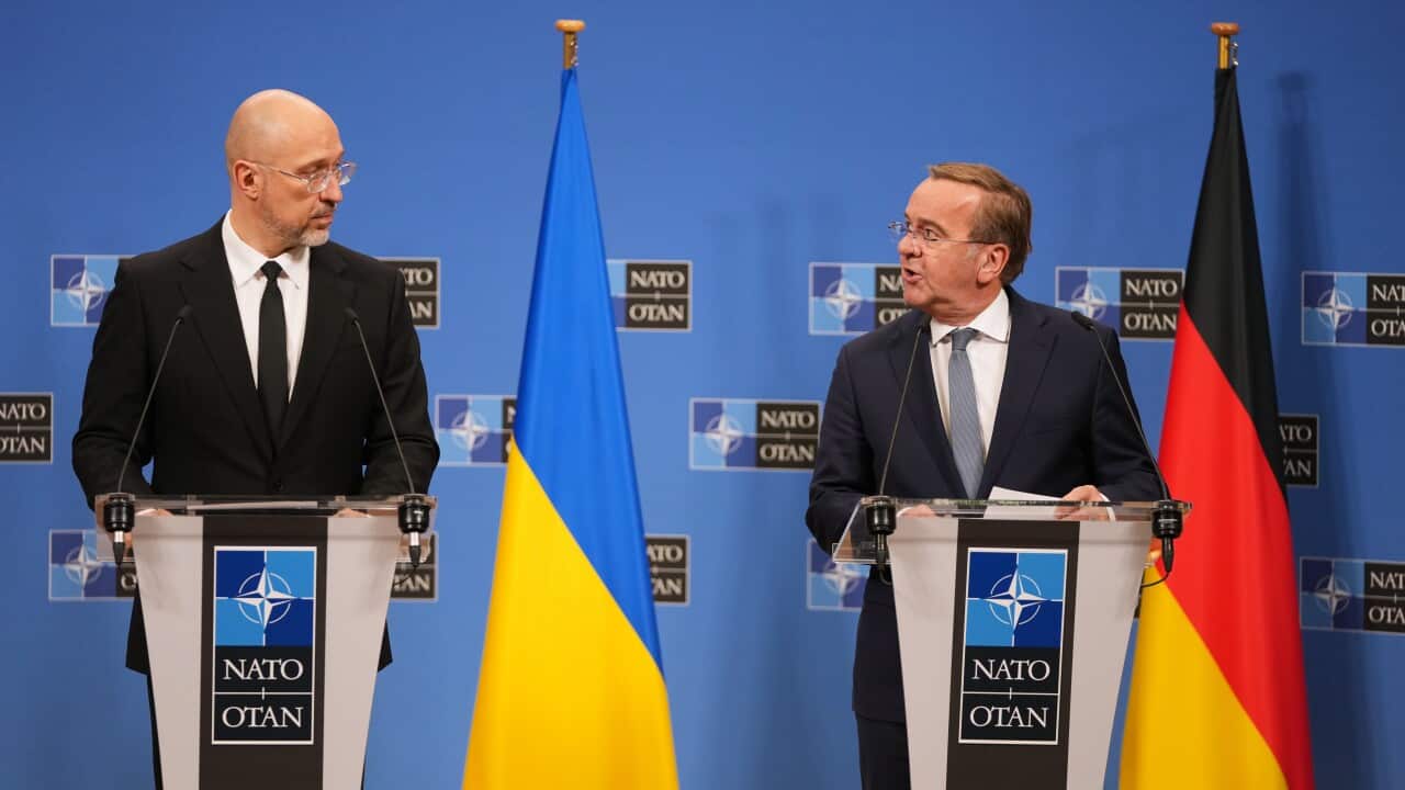 Ukraine's Defence Minister Denys Shmyhal, left, and Germany's Defence Minister Boris Pistorius (AAP)