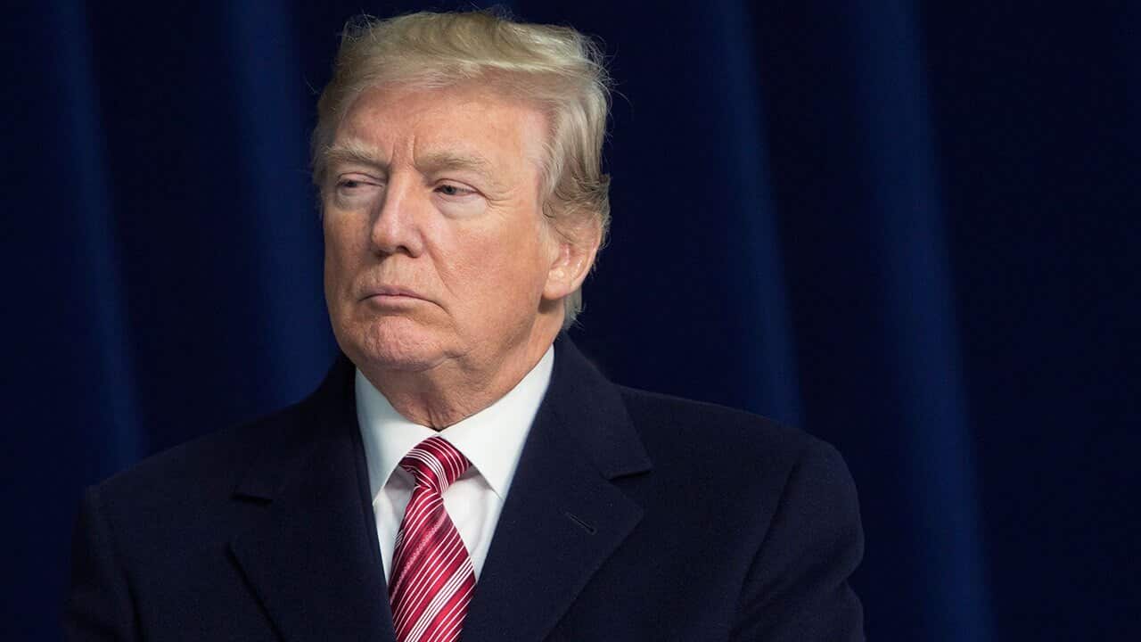 US President Donald J. Trump listens as Republican leadership takes turns speaking to the media at Camp David, Maryland, USA, 06 January 2018