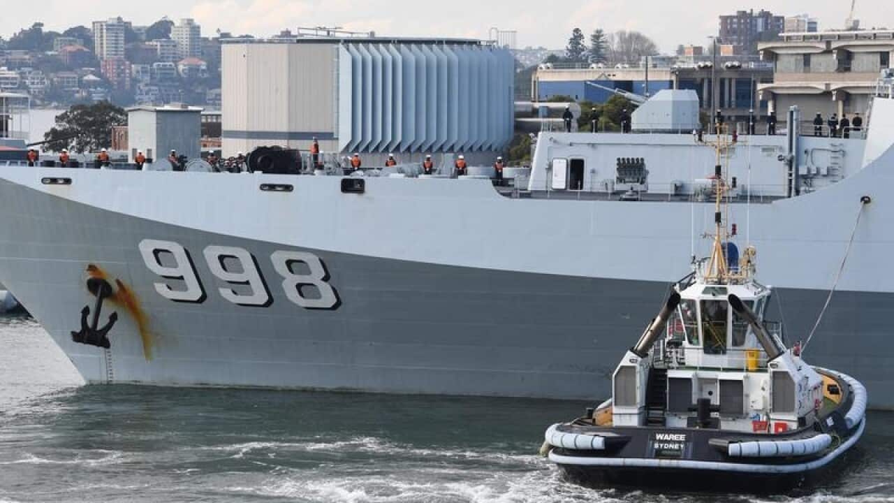 Three Chinese Naval ships are seen after arriving at Sydney Harbour.