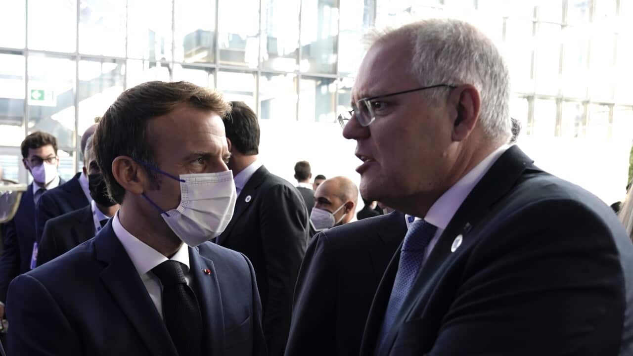 Australian P M Morrison attends the G20 Official Welcome and Family photo with President Emmanuel Macron in Rome on Saturday, October 30.