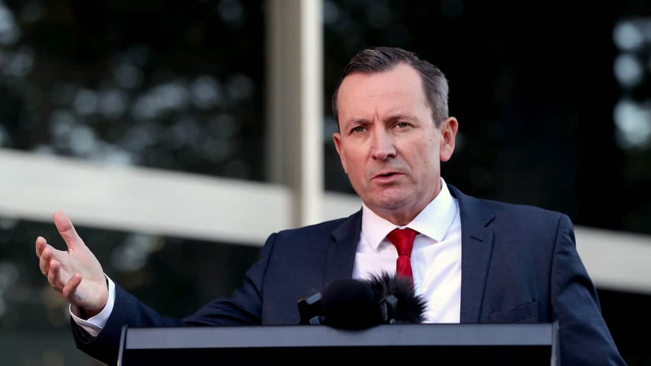 Western Australia Premier Mark McGowan speaks to the media during a press conference in Perth, Friday, May 1, 2020. (AAP Image/Richard Wainwright) NO ARCHIVING