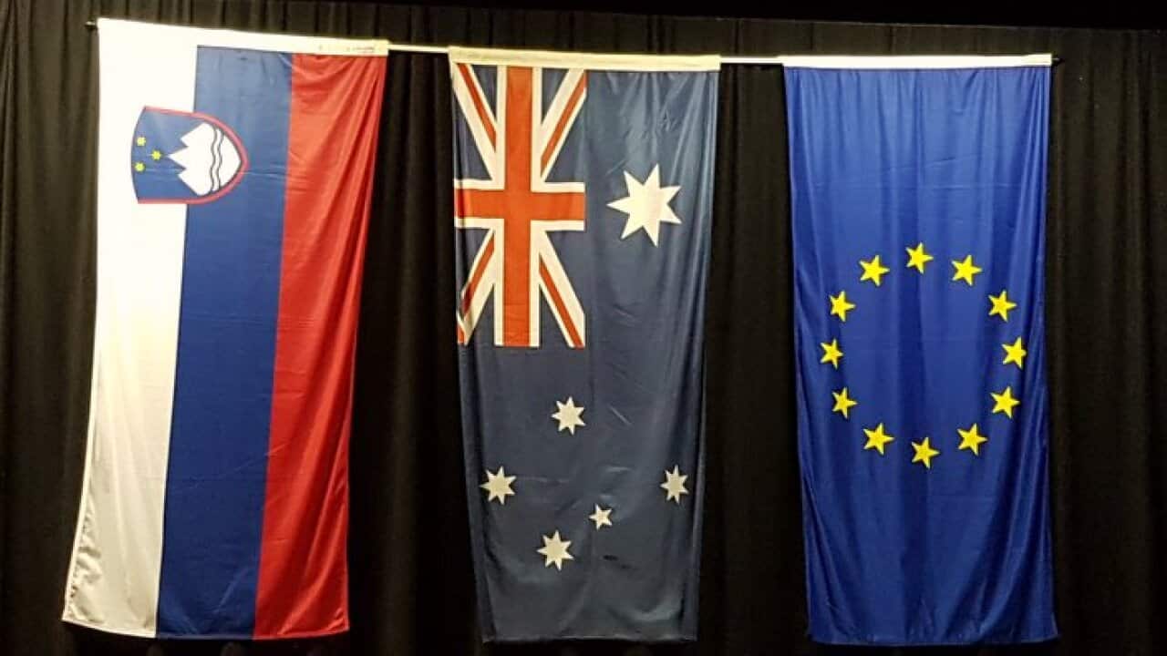 Slovenian, Australian and E.U flags in the hall of the Slovenian Religious and Cultural Centre in Kew, Victoria.