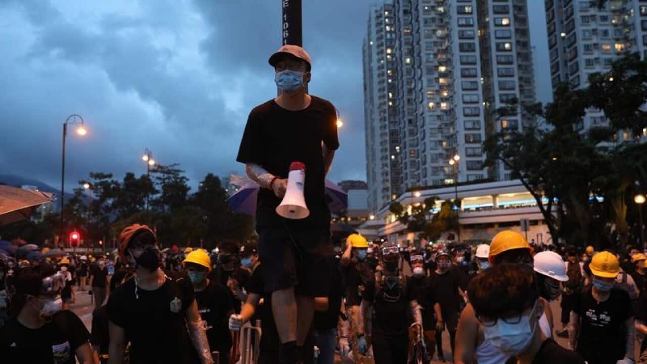 Anti-extradition bill protesters at a rally in Shatin, Hong Kong,.