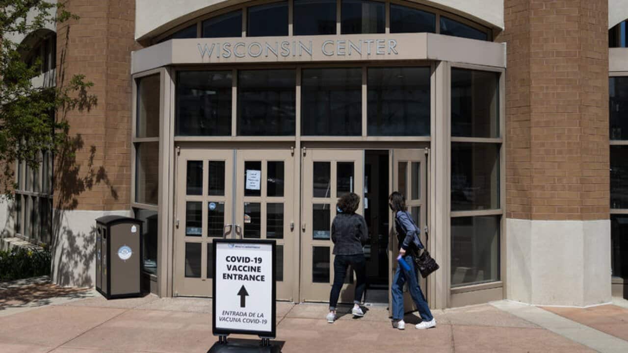 entrance to a vaccine centre in the United States.