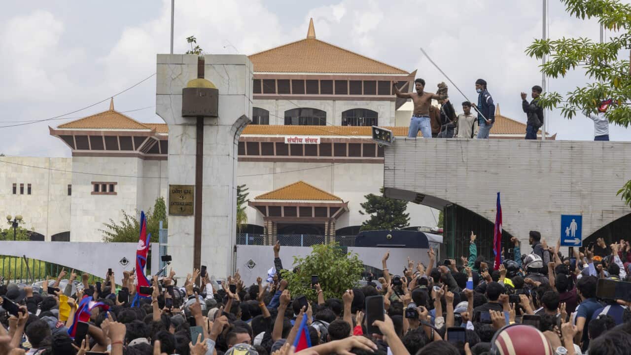 Protesters clash with police in front of the parliament building in Kathmandu, Nepal on Monday, 8 September 2025.
