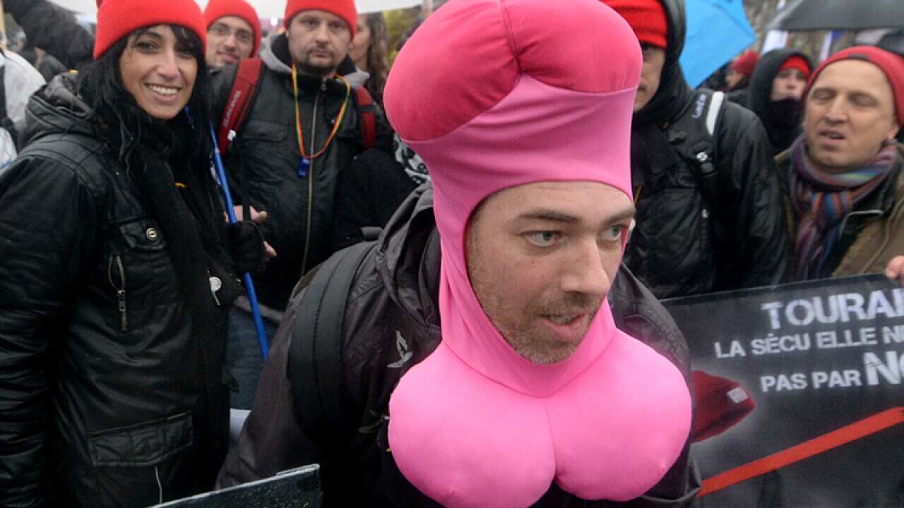 A man in costume protests against French President Francois Hollande.