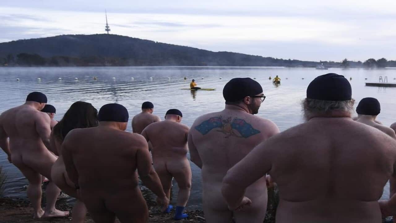 Participants of Canberra's Winter Solstice Nude Charity Swim.