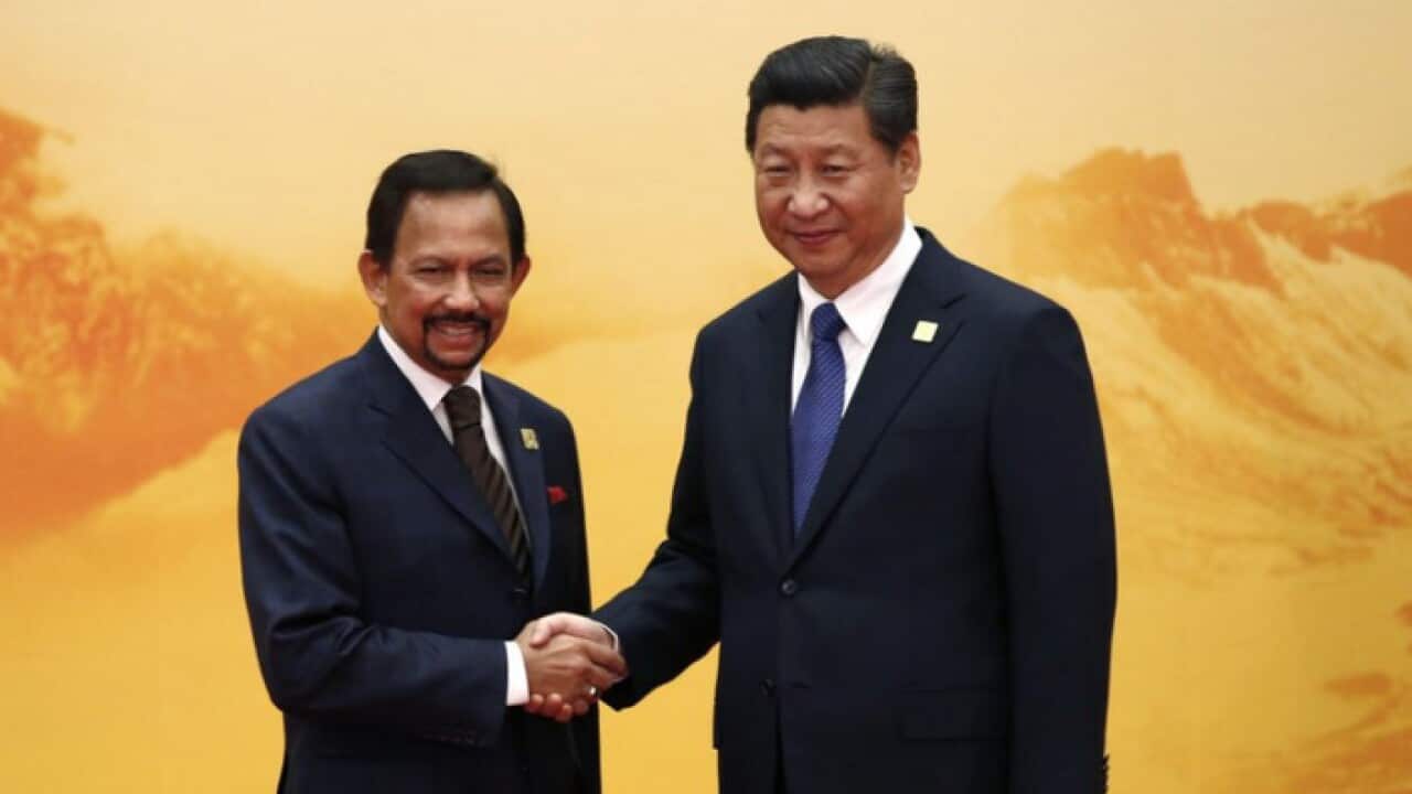 Brunei's Sultan Hassanal Bolkiah (L) shakes hands with China's President Xi Jinping