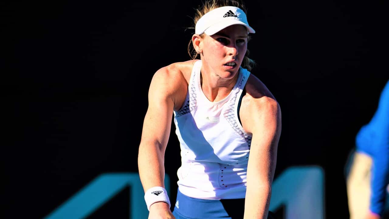 Despina Papamichail of Greece in action at the 2022 Adelaide International WTA 500 tennis tournament.