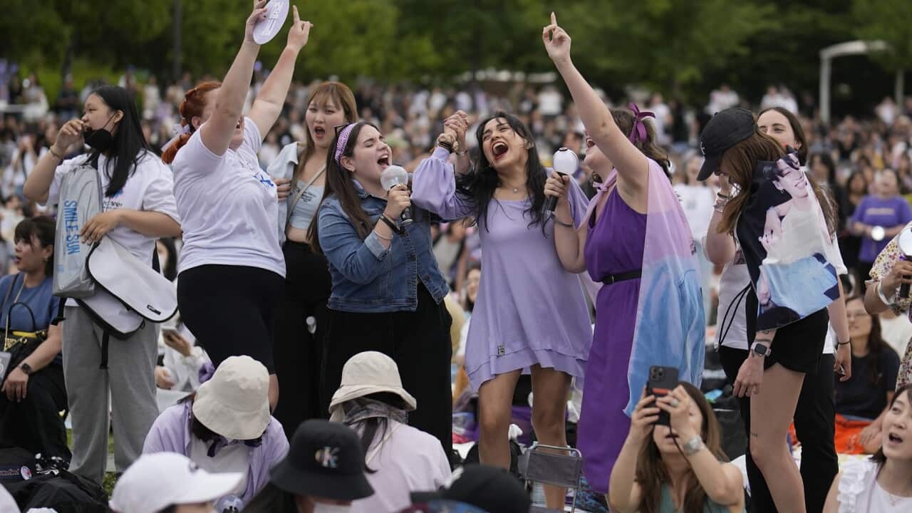 Fans of BTS gather to celebrate the 10th debut anniversary of the K-pop band (AAP)