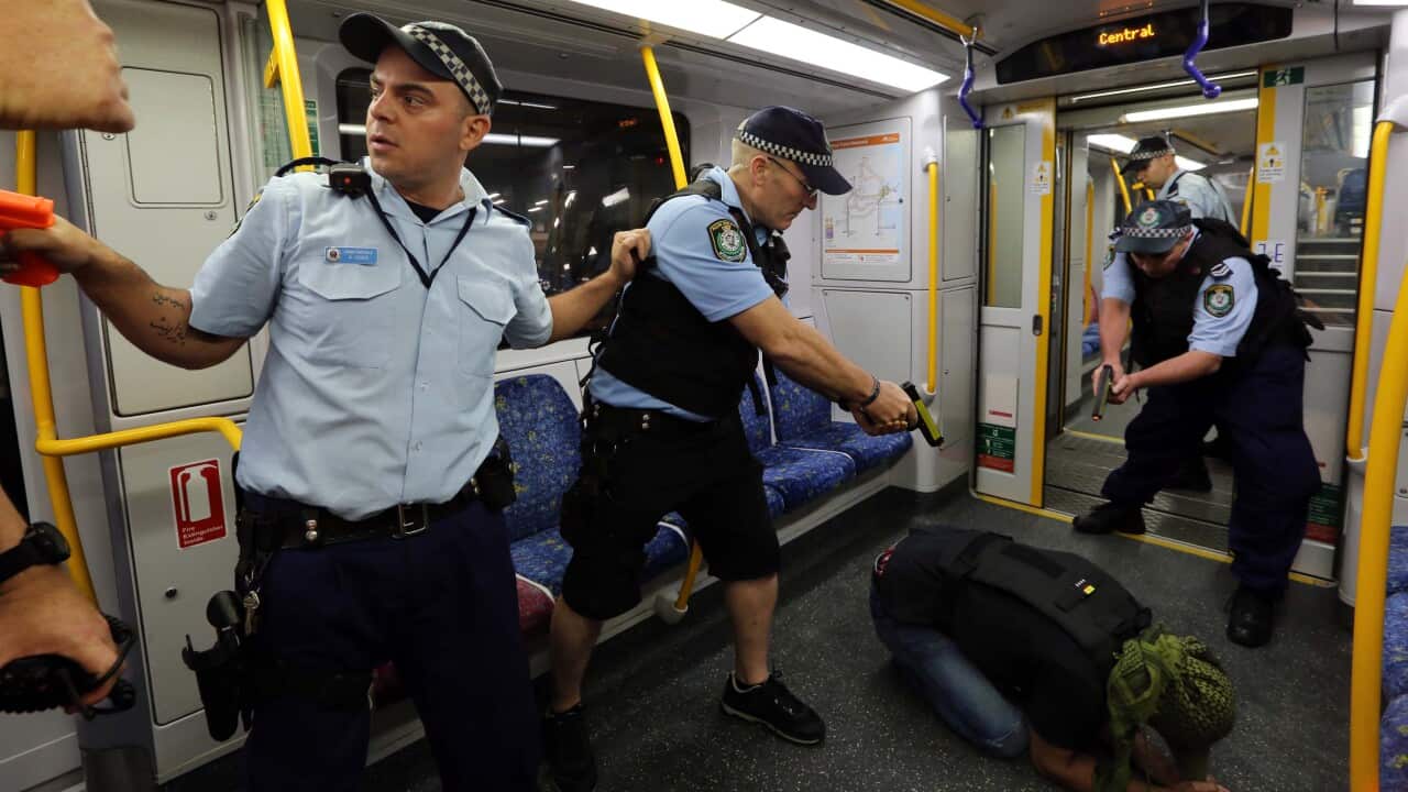 NSW Police undergo training exersice in the case of a high-risk incident at Centrail Railway Station.