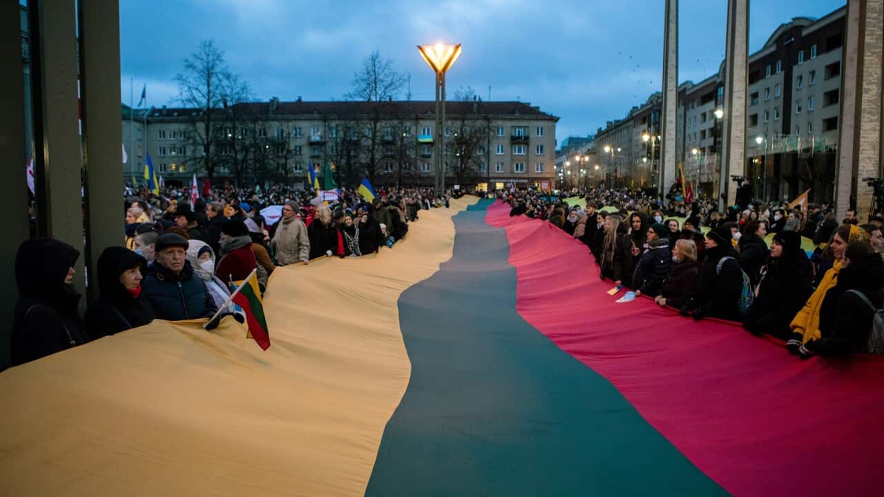 Protesters near the Russian Embassy in Vilnius, Lithuania