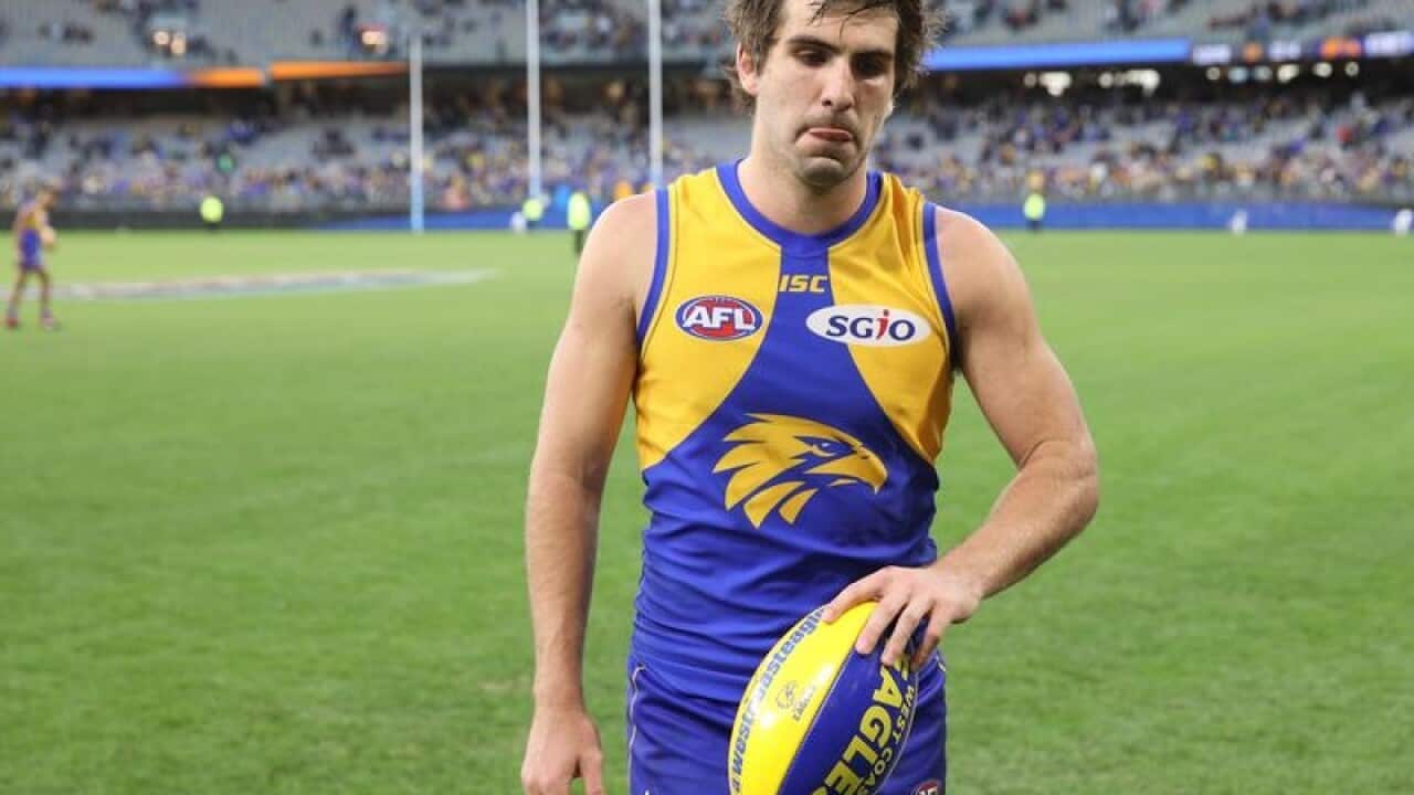Andrew Gaff of the Eagles leaves the field after Round 20.