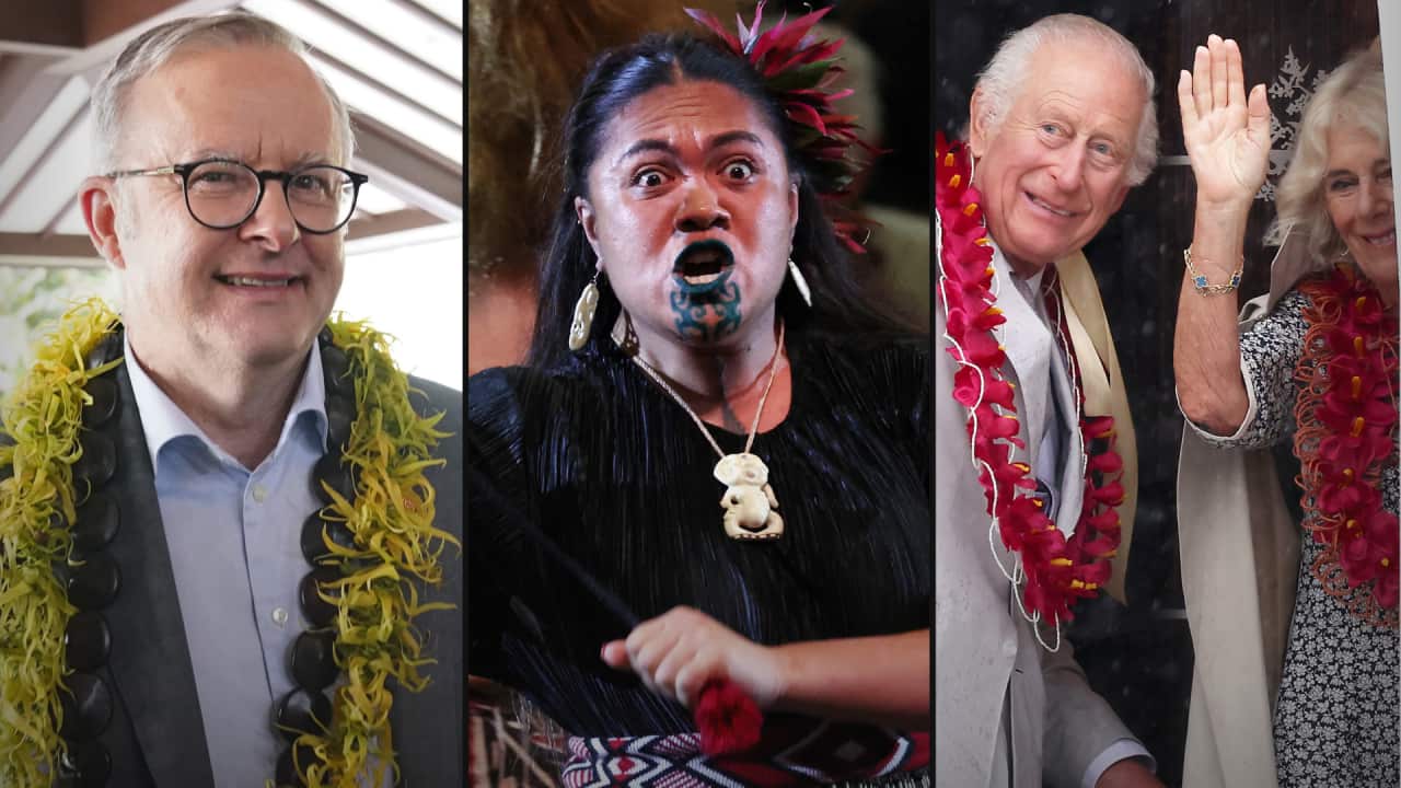 A split image. On the left is Prime Minister Anthony Albanese. In the middle is a dancer performing. On the right is King Charles and Queen Camilla.