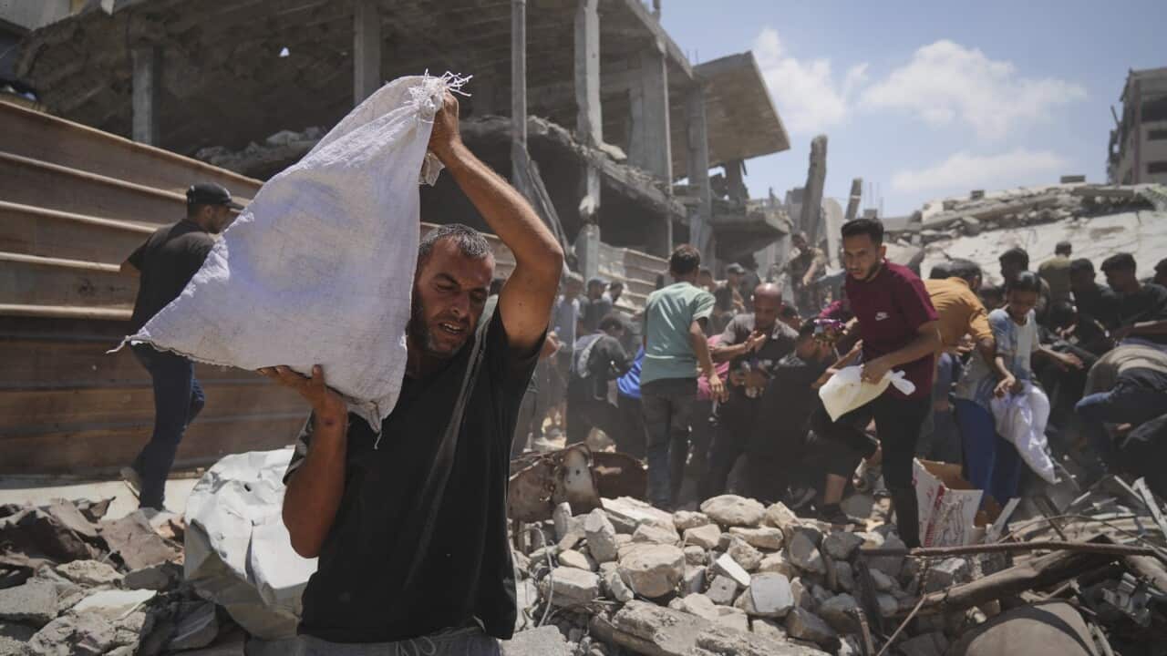 Palestinians collect aid airdropped by parachutes into Gaza City, northern Gaza Strip on 7 August 2025