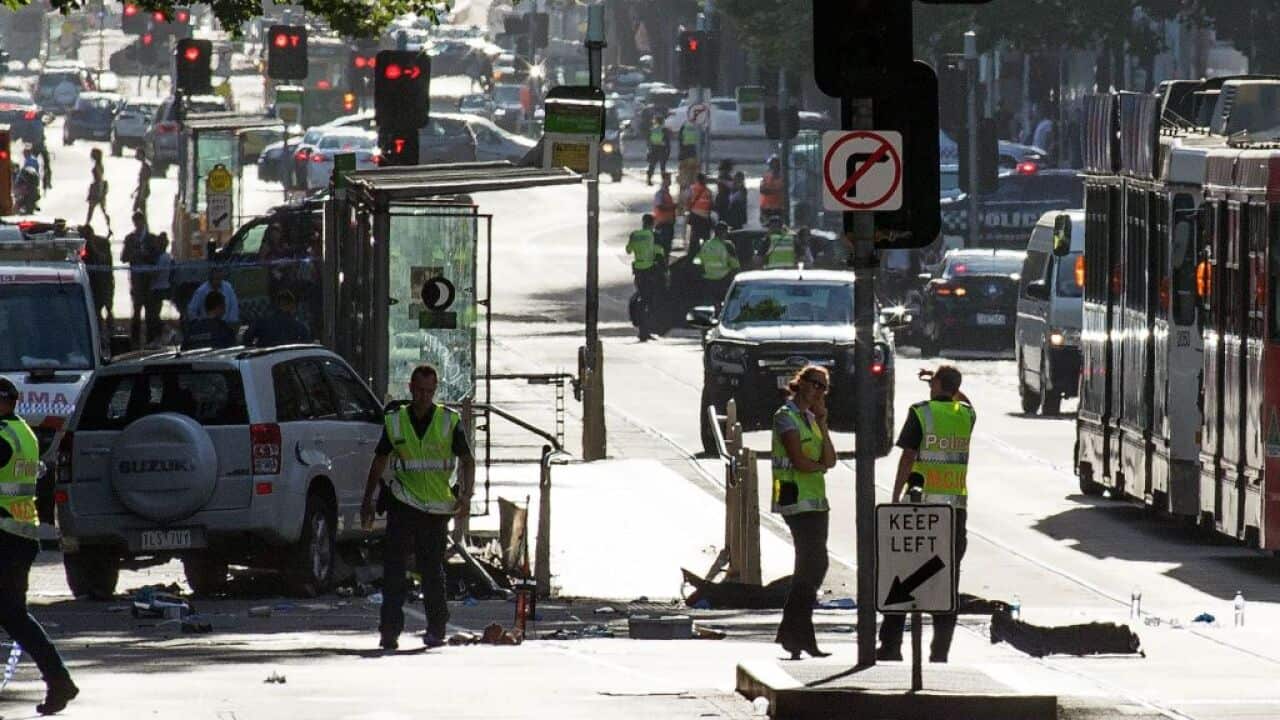 The white car that was driven to run over pedestrians in Flinders Street in Melbourne on 21 December, 2017.