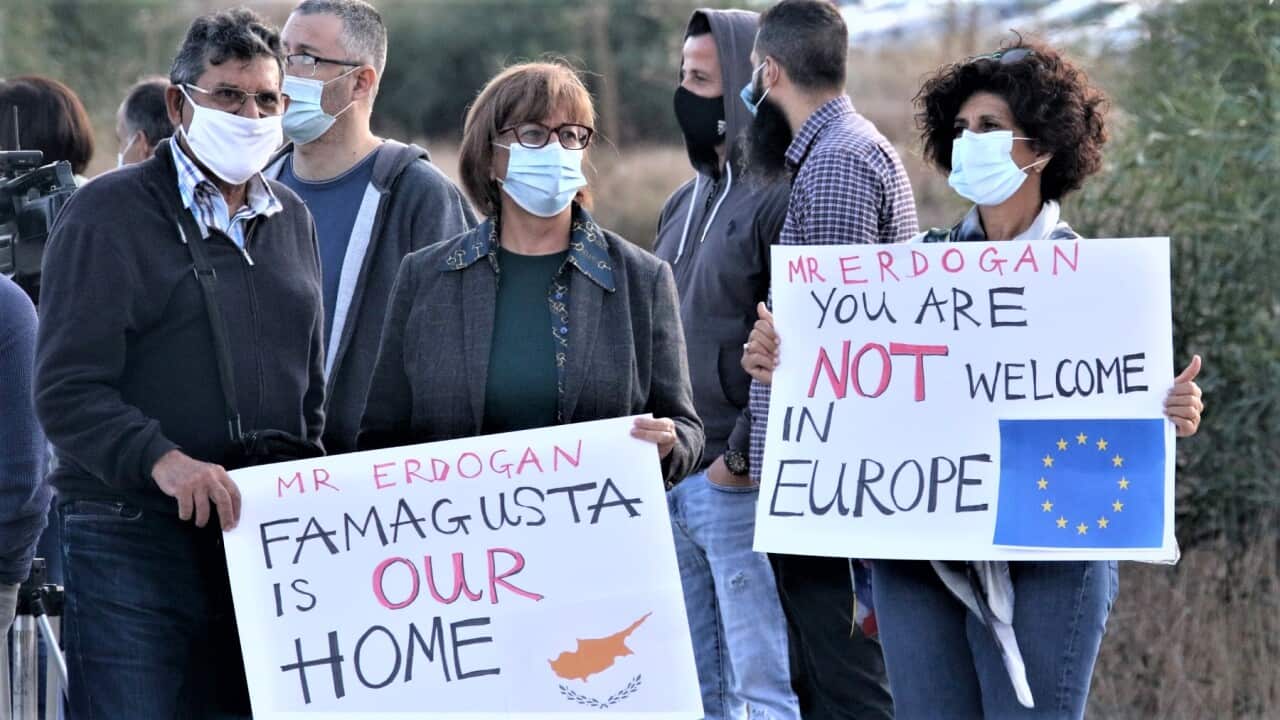 A protest against the official visit of the Turkish President Erdogan to the fenced-off Varosha, Turkish-occupied north of devided Cyprus.