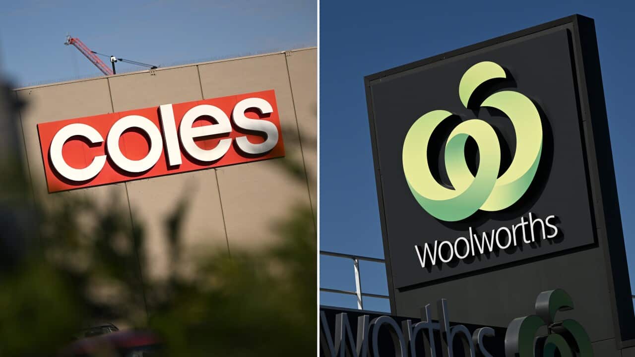 A split image. On the left is a photo of Coles signage. On the right is a photo of Woolworths signage.