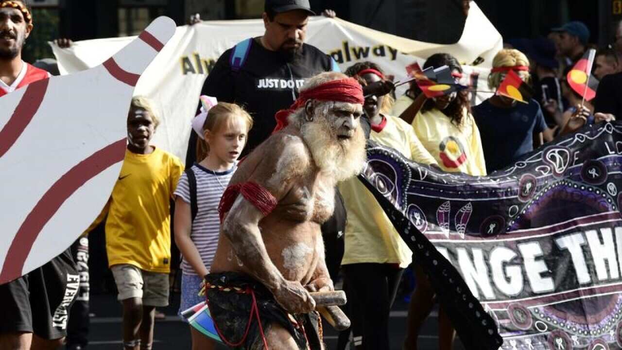 Invasion Day protesters in in Adelaide on Australia Day.