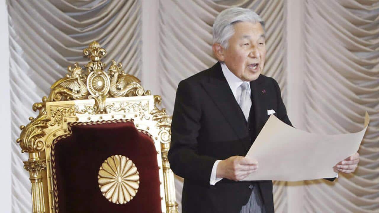 Japanese Emperor Akihito makes remarks during the opening ceremony of an extraordinary parliamentary session in Tokyo on Aug. 1, 2016. There has been speculation that the 82-year-old emperor is considering abdicating. (Kyodo)==Kyodo