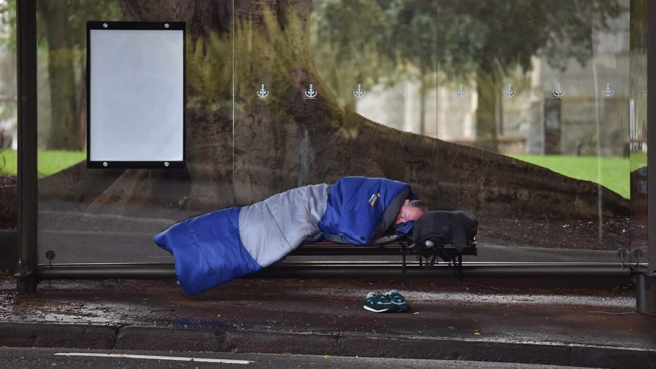A man sleeps in a bus shelter near Sydney Harbour.