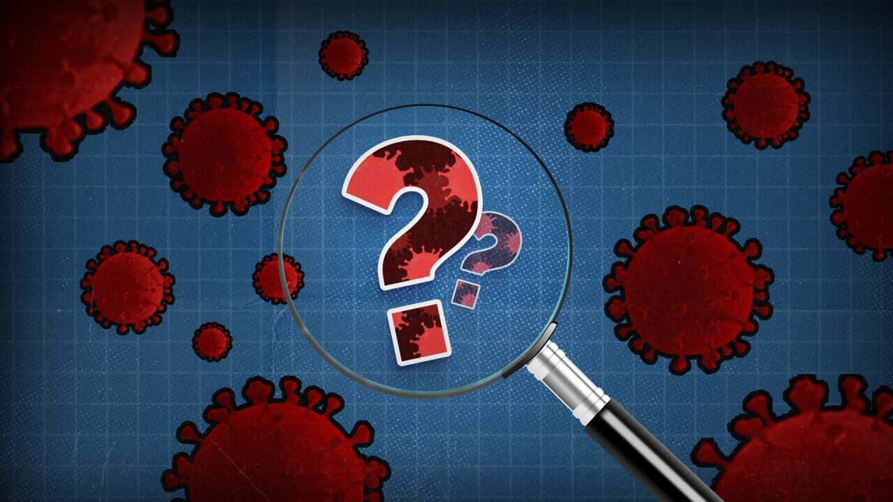 A digital graphic with a magnifying glass over two question marks with virus particles floating around it.