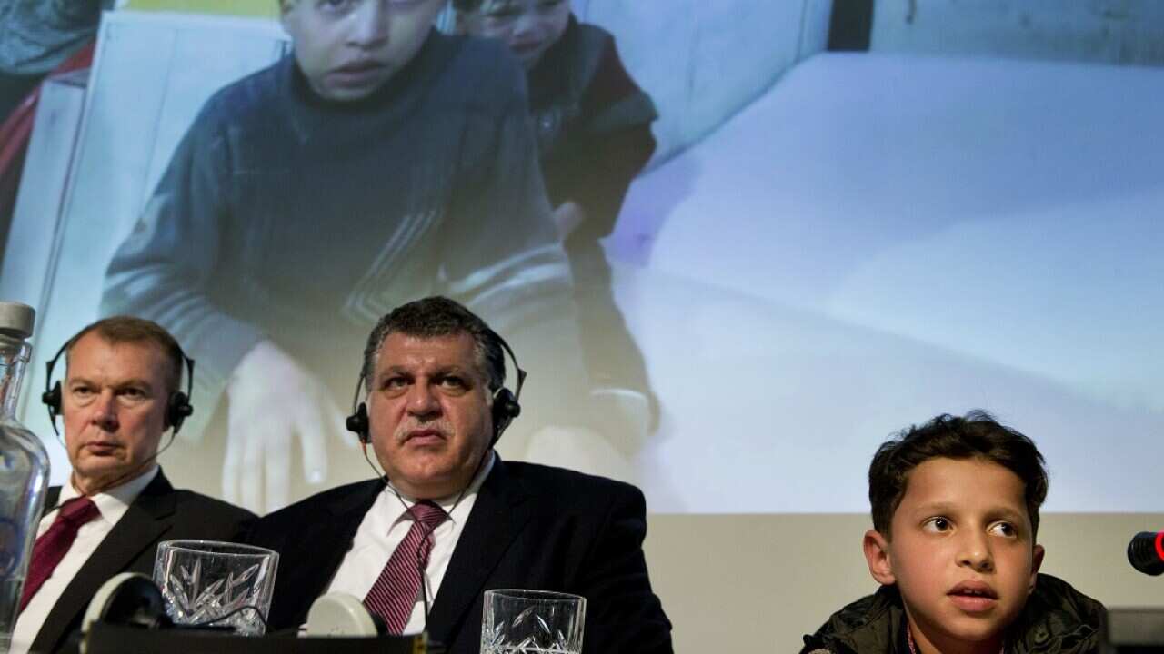 Eleven-year-old Syrian Hasan Diab talks to the press in a move organised by Russia to discredit reports of an April 7, 2018, chemical weapons attack in Douma.