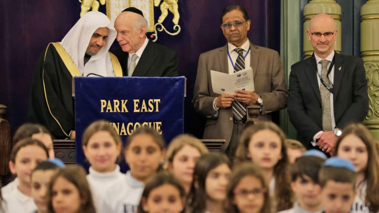 Mohammad Abdulkarim Al-Issa and Rabbi Arthur Schneier at the Park East synagogue in New York
